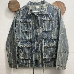 POL Distressed Denim Drawstring Utility Jacket Small Boho Modern Streetwear